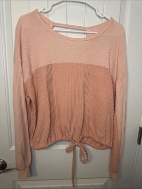 Women’s Hollister two-Tone Pink Tie-Hem waffle knit cozy open back Top